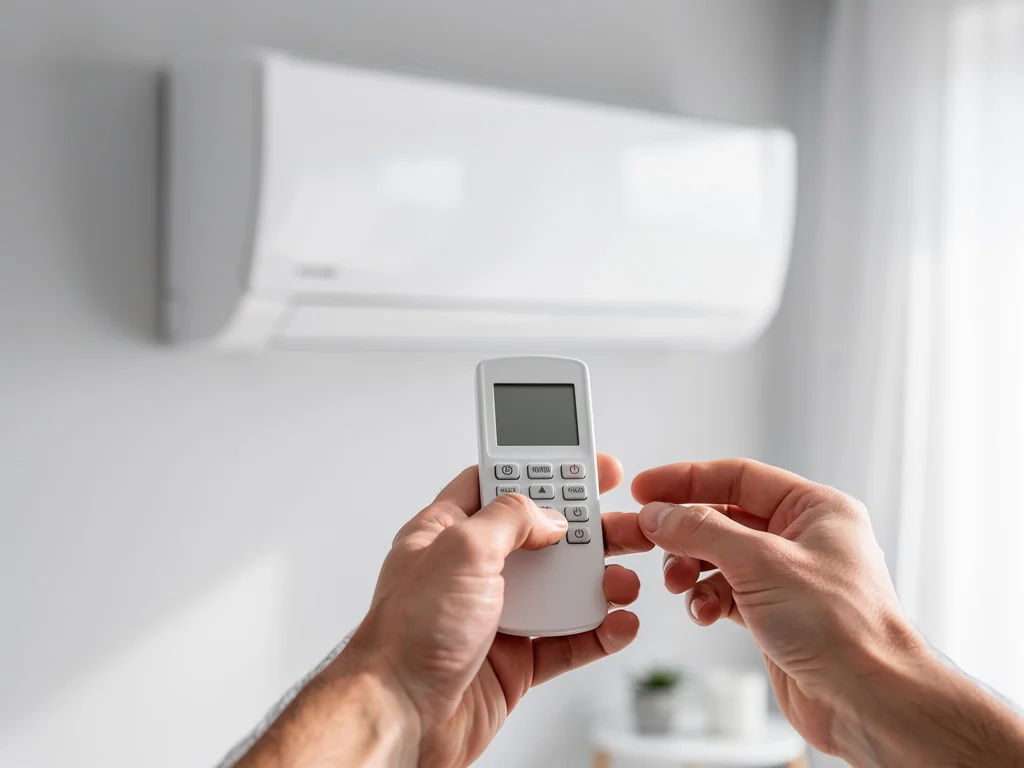 Installateur réglant à la télécommande une unité murale air-air fraîchement posée